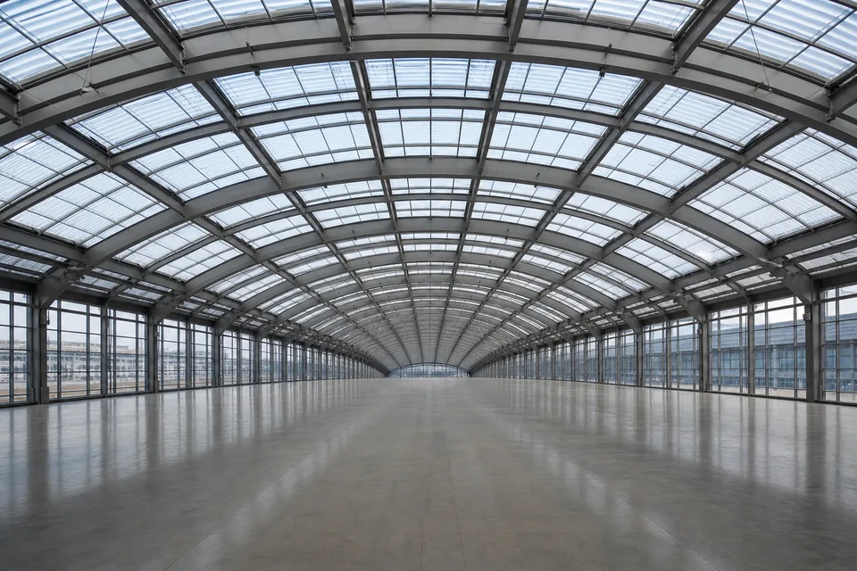 Steel and glass arched roof seen from inside, repeating ribs vanishing into the distance