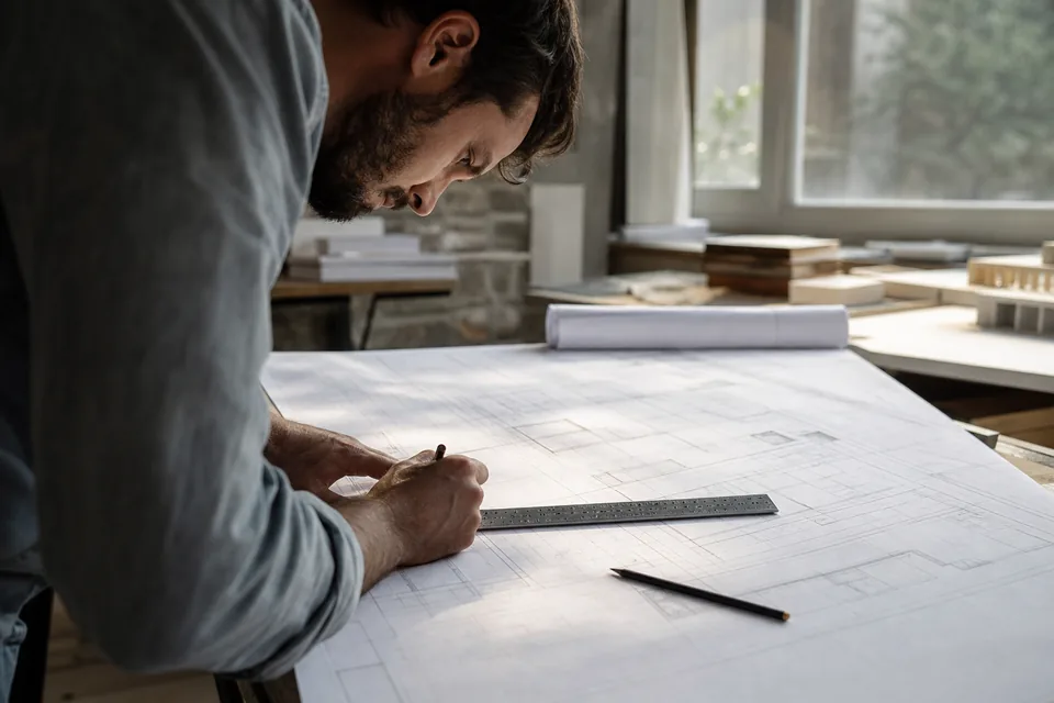 Architect measuring a floor plan with a steel scale ruler at a bright table