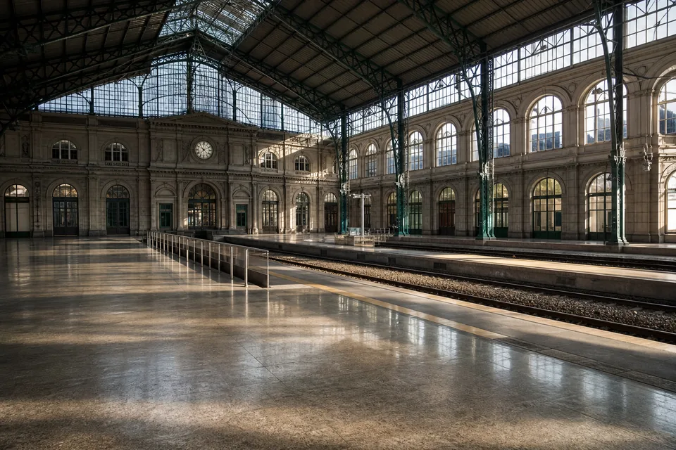 Empty railway station hall with a large analog clock, steel roof trusses and morning light