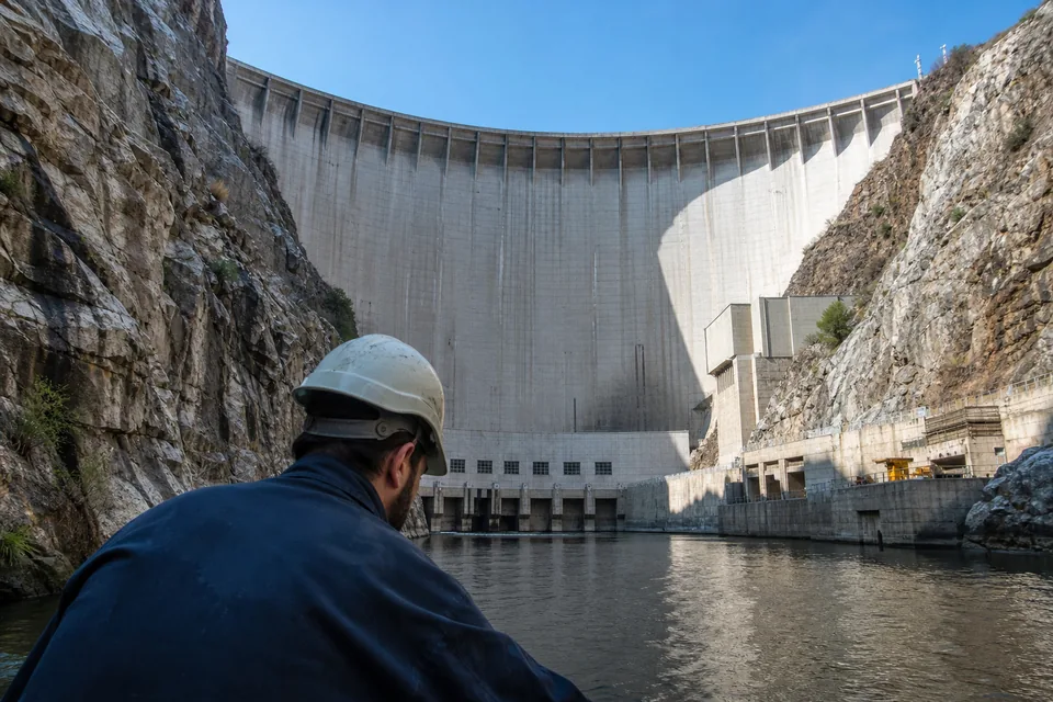 Concrete arch dam with its spillway seen from below in daylight