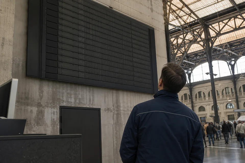 Station worker looking up at a large departures board in a concrete hall with steel roof trusses