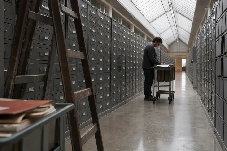 Archive hall with rows of grey filing cabinets under a skylight, a clerk wheeling a cart down the aisle