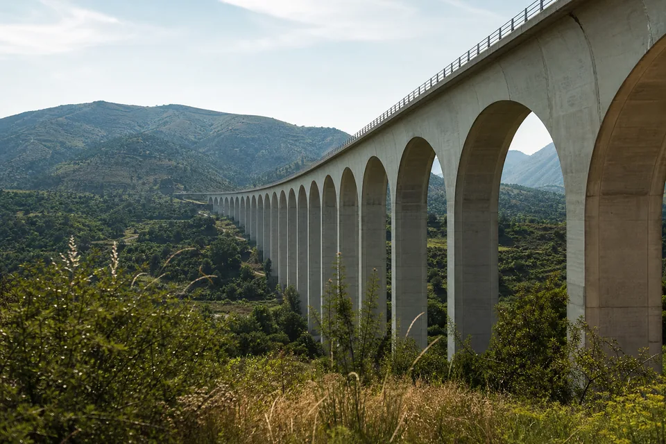 High speed railway viaduct crossing a valley in clear morning light