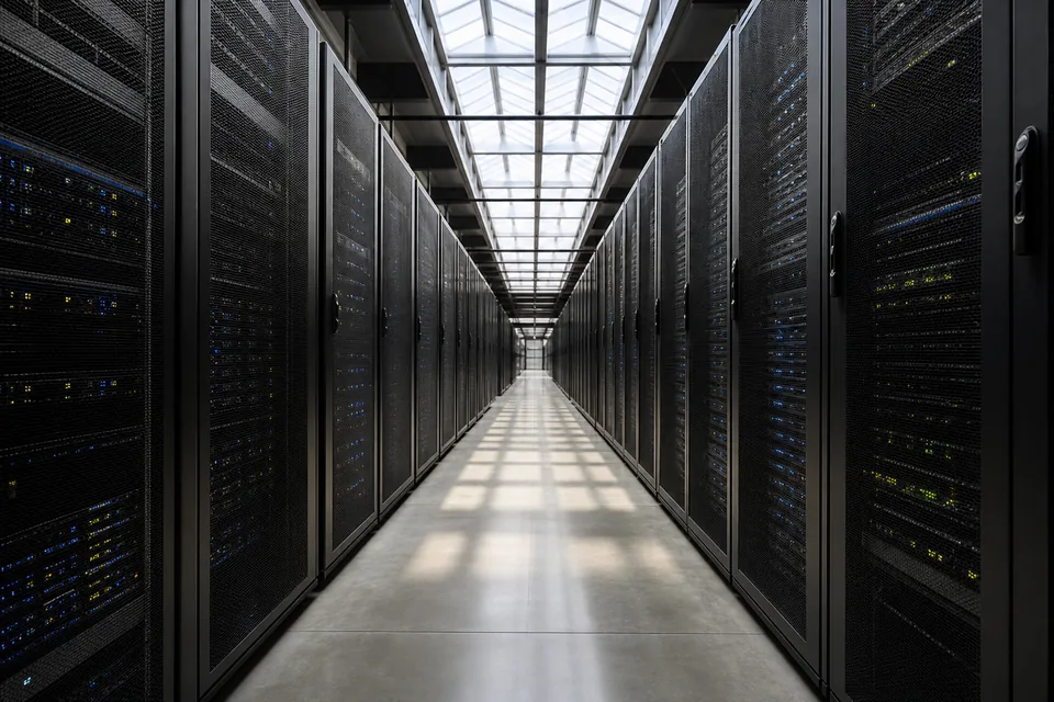 Data center aisle with rows of dark server racks under daylight from a long skylight