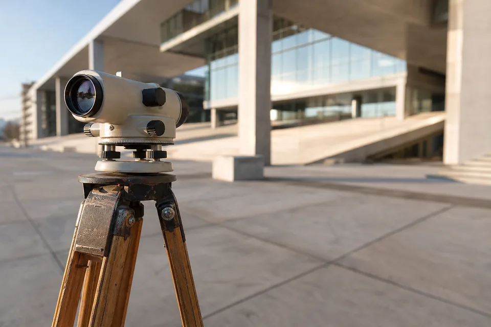 Surveyor's level instrument on a tripod on an empty concrete plaza in morning light