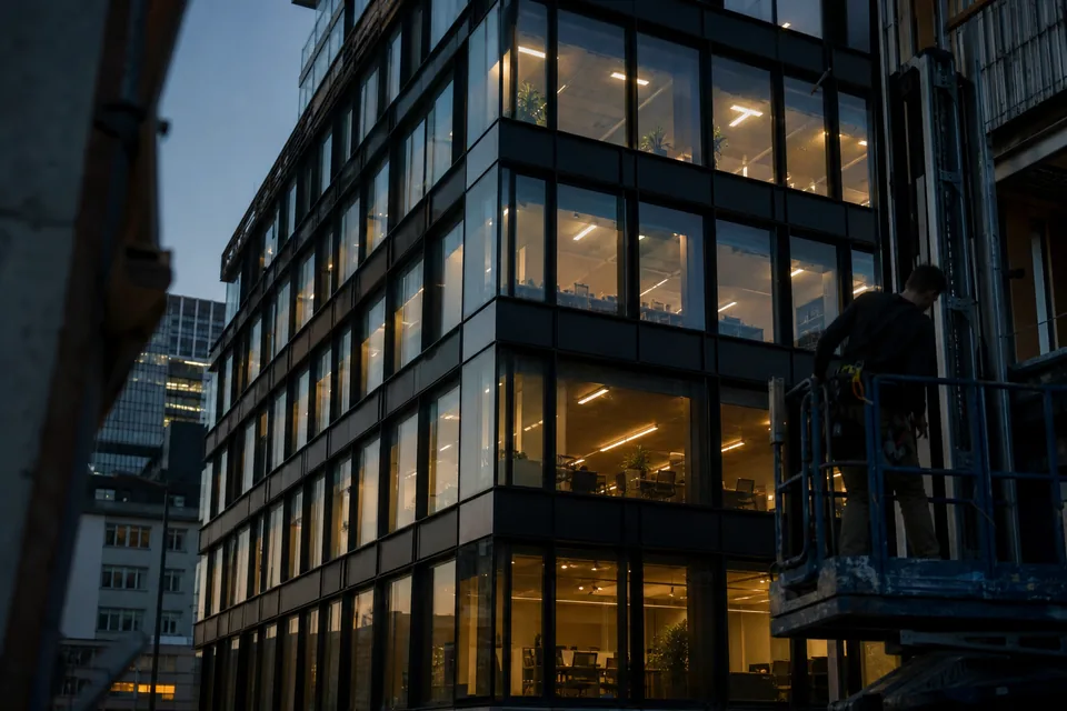 Glass office tower at blue hour with lights on across many floors