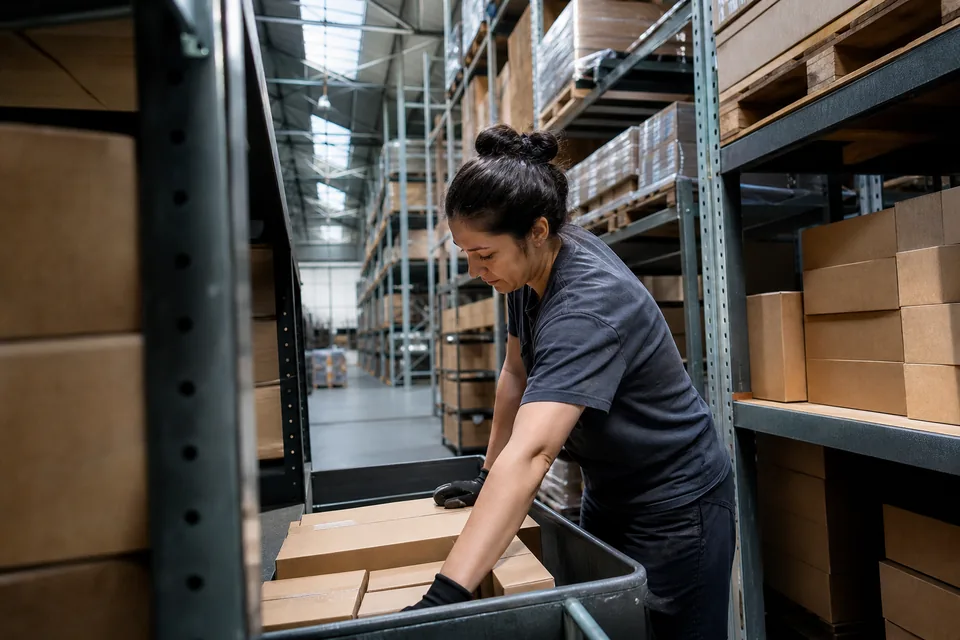 Warehouse worker packing an order between tall racks of parcels