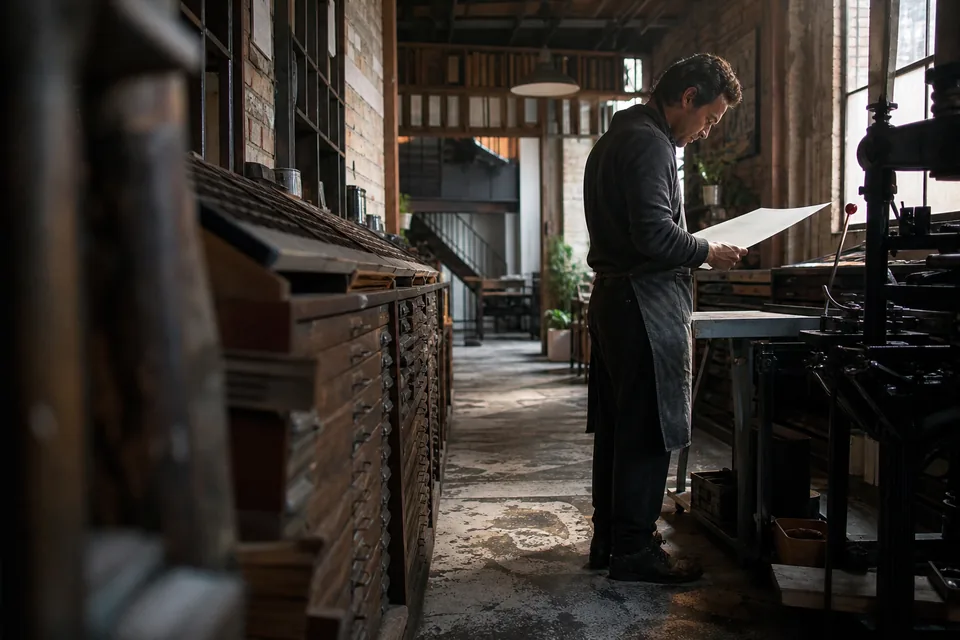 Press operator inspecting a printed sheet beside long rows of wooden type cases in a workshop